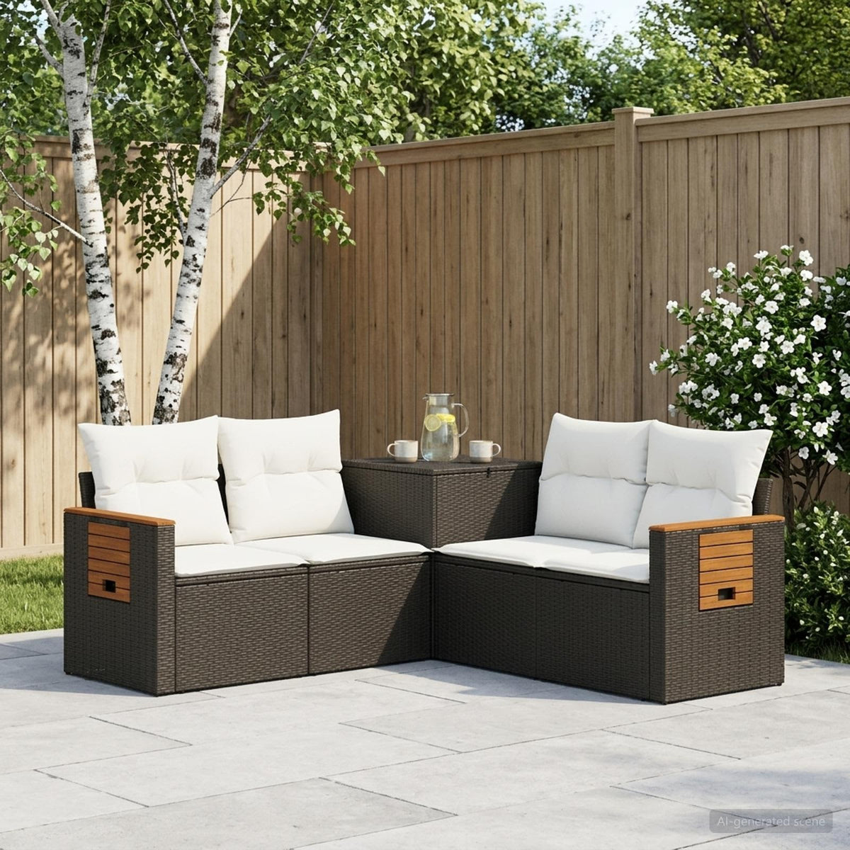 Bankstel 5 st Zwart en Cream Wit Poly Rattan en Staal is nu te koop bij PeponiXL, paradijselijk wonen!