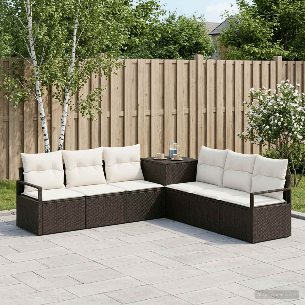 Bankstel 7 st Zwart en Cream Wit Poly Rattan en Staal is nu te koop bij PeponiXL, paradijselijk wonen!