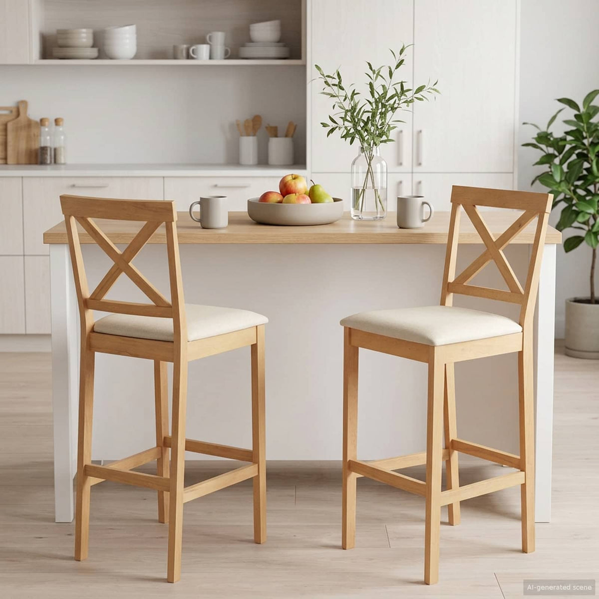 Barkruk 2 st Naturel en Beige Massief Rubberhout en Stof is nu te koop bij PeponiXL, paradijselijk wonen!