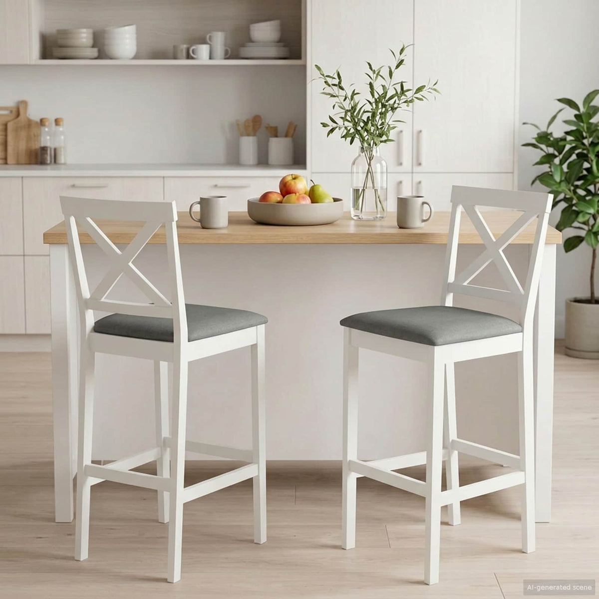 Barkruk 2 st Wit en Grijs Massief Rubberhout en Stof is nu te koop bij PeponiXL, paradijselijk wonen!