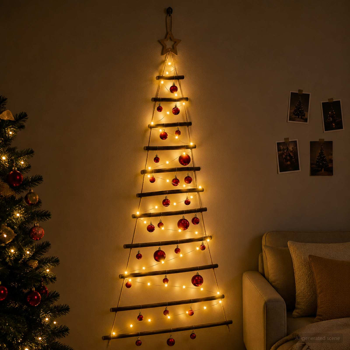 Hangende kerstboom met ballen 150 cm 80 LED's Warmwit is nu te koop bij PeponiXL, paradijselijk wonen!