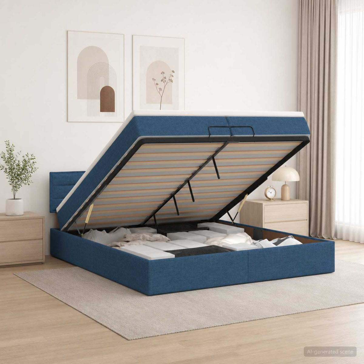 Ottoman bed met matras met hoofdeinde Blauw 200 x 200 cm Stof is nu te koop bij PeponiXL, paradijselijk wonen!