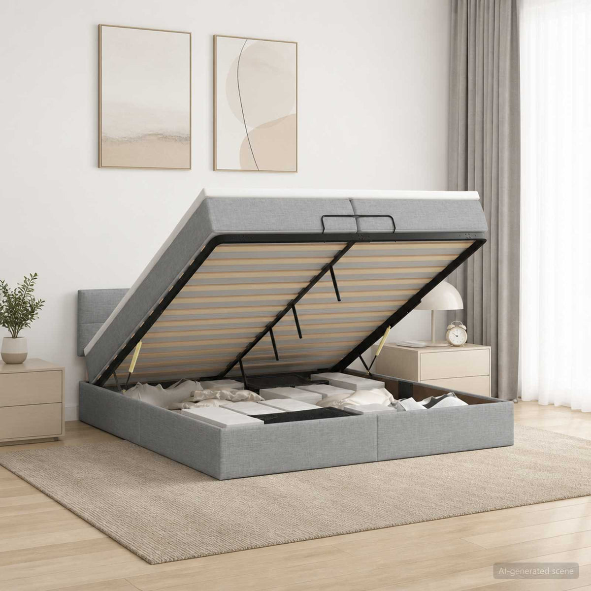 Ottoman bed met matras Lichtgrijs 200 x 200 cm Stof is nu te koop bij PeponiXL, paradijselijk wonen!