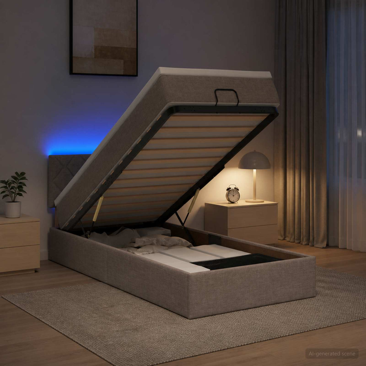 Ottoman Bed met Matrassen en LED Taupe 100 x 200 cm Stof is nu te koop bij PeponiXL, paradijselijk wonen!