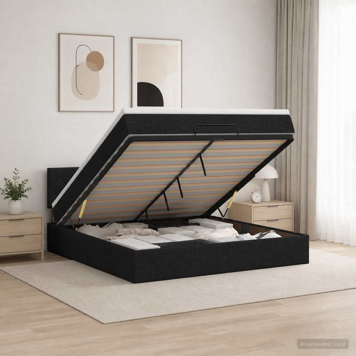 Ottoman bed met matras met hoofdeinde Zwart 140 x 200 cm Stof is nu te koop bij PeponiXL, paradijselijk wonen!