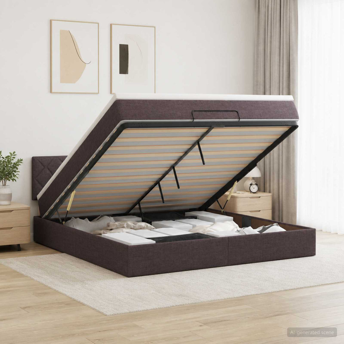 Ottoman bed met matras Donkerbruin 140 x 200 cm Stof is nu te koop bij PeponiXL, paradijselijk wonen!