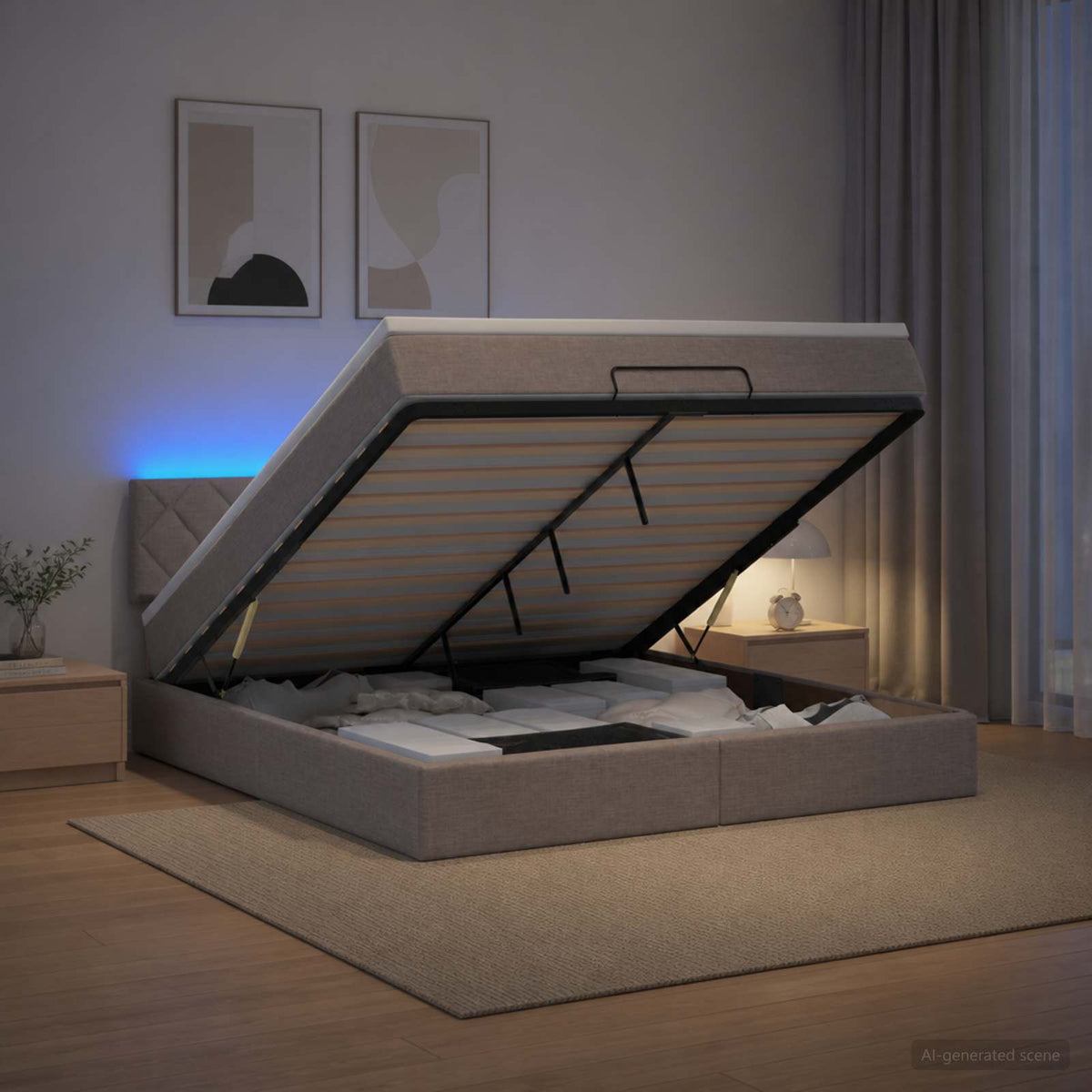 Ottoman Bed met Matrassen en LED Taupe 180 x 200 cm Stof is nu te koop bij PeponiXL, paradijselijk wonen!