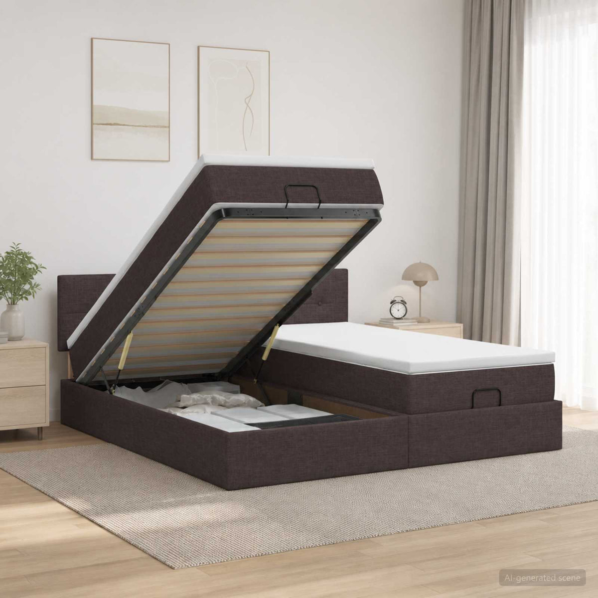 vidaXL Ottoman bed met matras met hoofdeinde 2 st Donkerbruin Stof