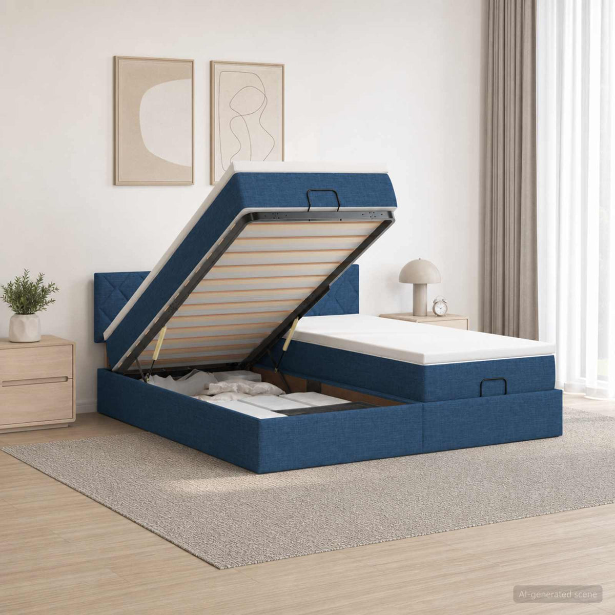 Ottoman bed met matras met hoofdeinde 2 st Blauw Stof is nu te koop bij PeponiXL, paradijselijk wonen!