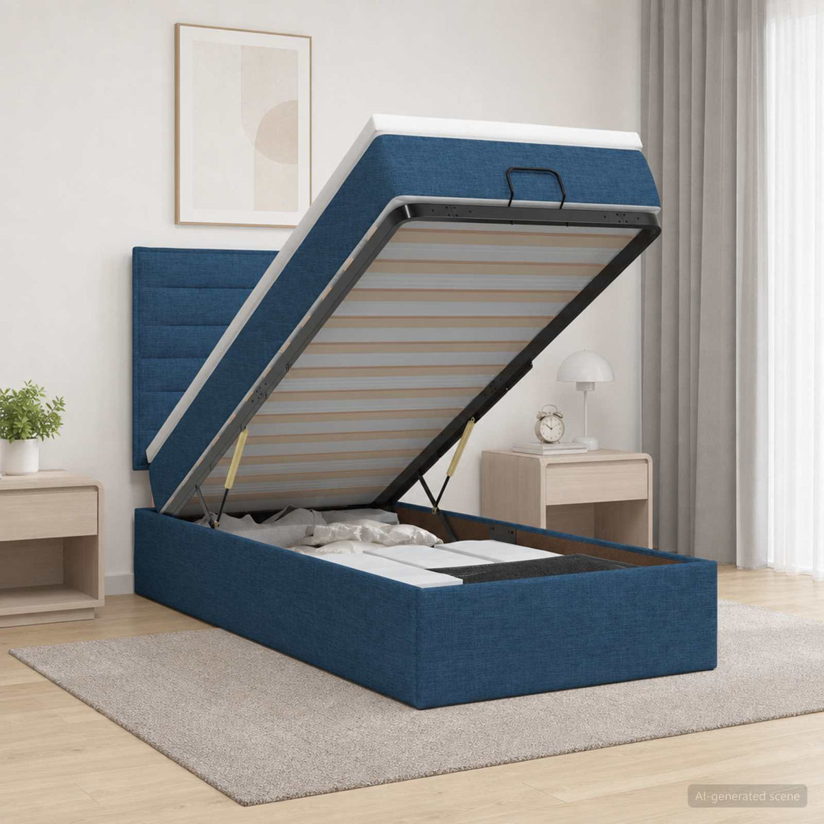 Ottoman bed met matras met hoofdeinde Blauw 100 x 200 cm Stof is nu te koop bij PeponiXL, paradijselijk wonen!