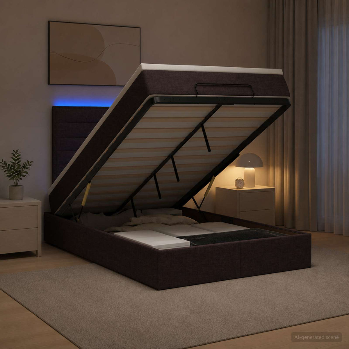 Ottoman Bed met Matrassen en LED Donkerbruin 120 x 200 cm Stof is nu te koop bij PeponiXL, paradijselijk wonen!