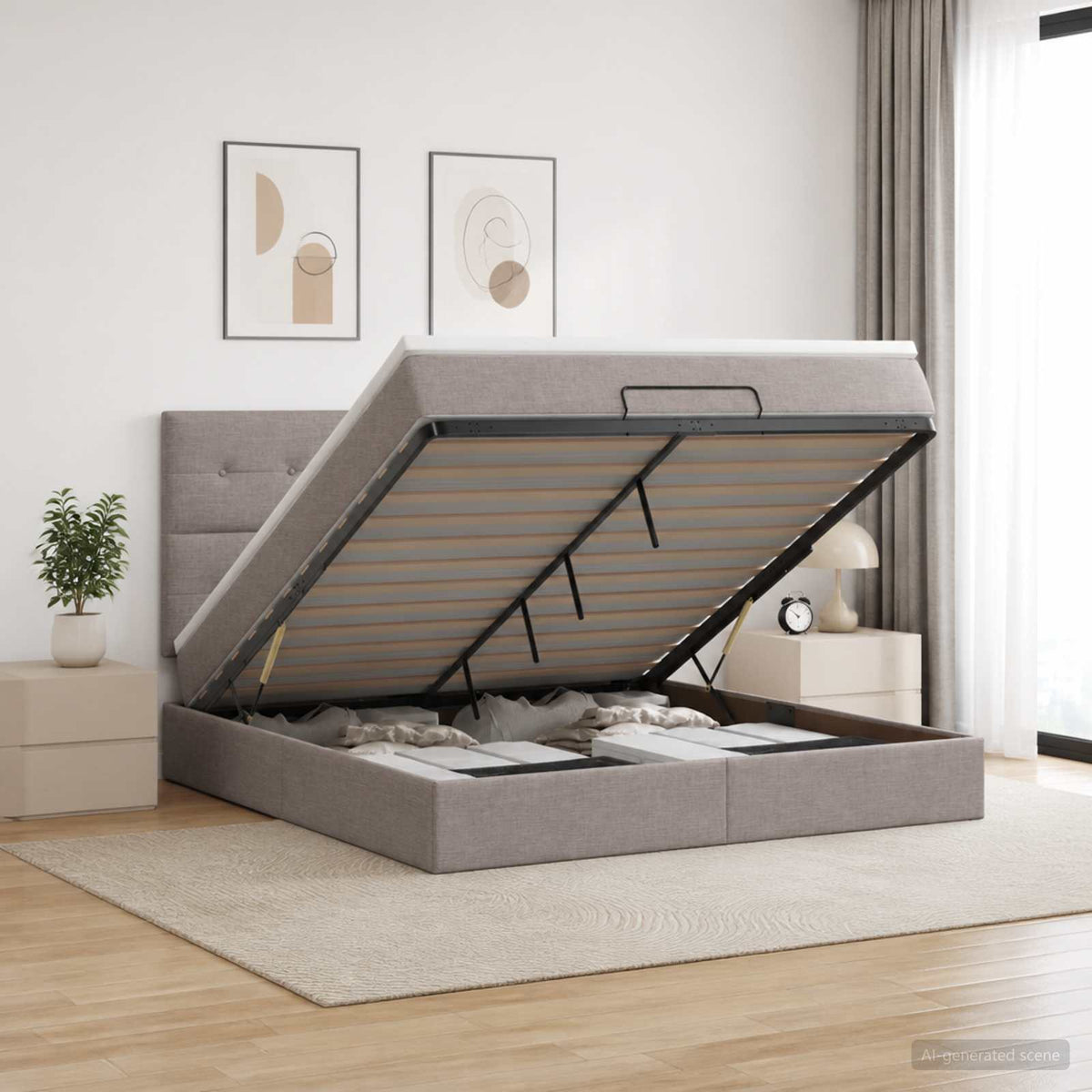 Ottoman bed met matras met hoofdeinde Taupe 160 x 200 cm Stof is nu te koop bij PeponiXL, paradijselijk wonen!