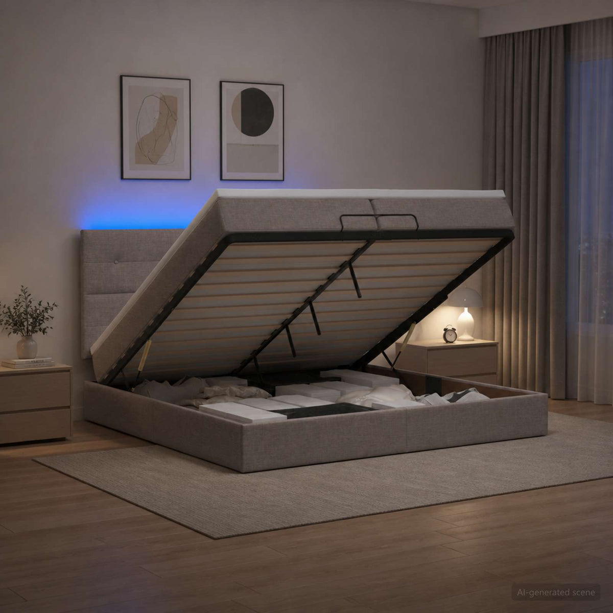 Ottoman Bed met Matrassen en LED Taupe 200 x 200 cm Stof is nu te koop bij PeponiXL, paradijselijk wonen!