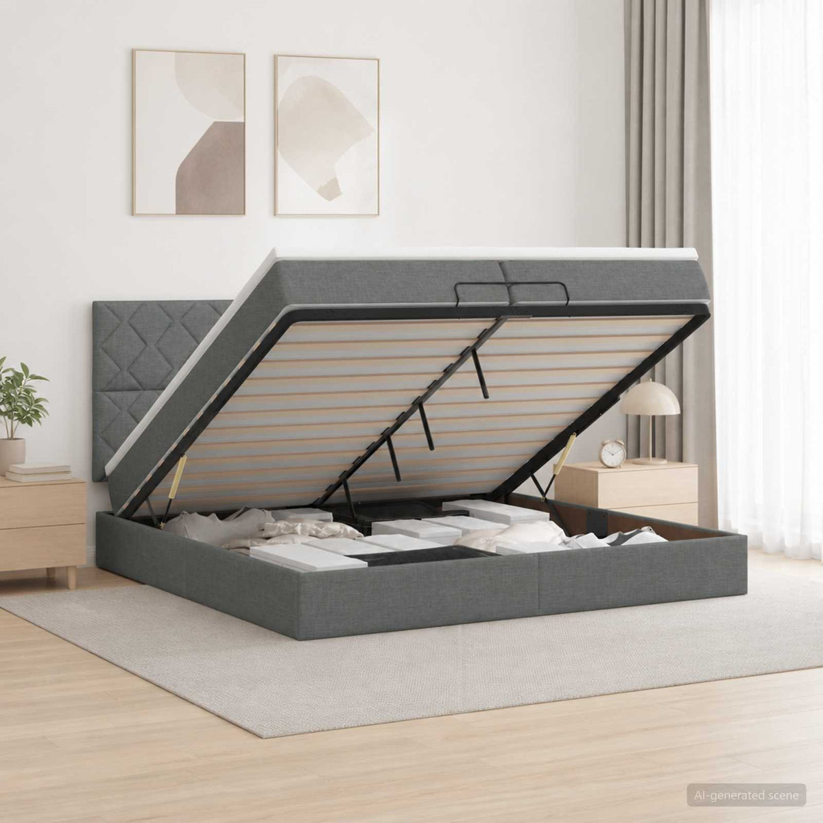 Ottoman bed met matras Donkergrijs 200 x 200 cm Stof is nu te koop bij PeponiXL, paradijselijk wonen!