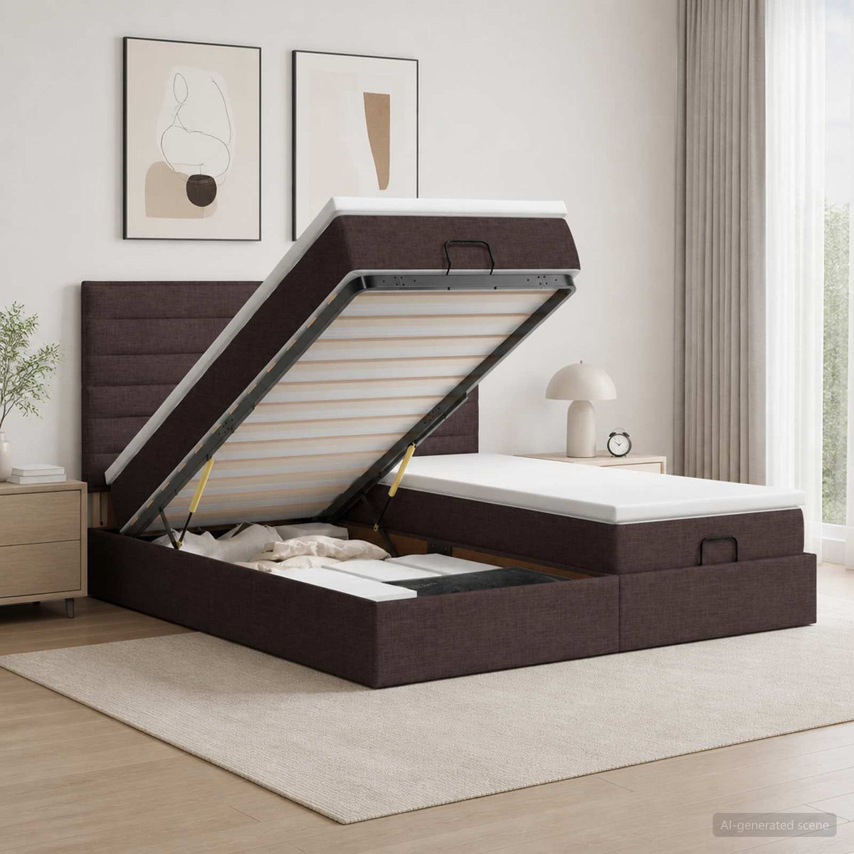 Ottoman bed met matras met hoofdeinde 2 st Donkerbruin Stof is nu te koop bij PeponiXL, paradijselijk wonen!