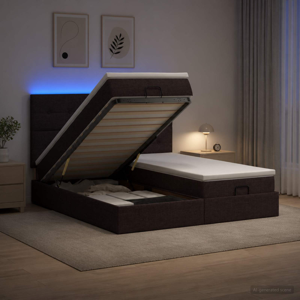 vidaXL Ottoman Bed met Matrassen en LED Donkerbruin 180 x 200 cm Stof
