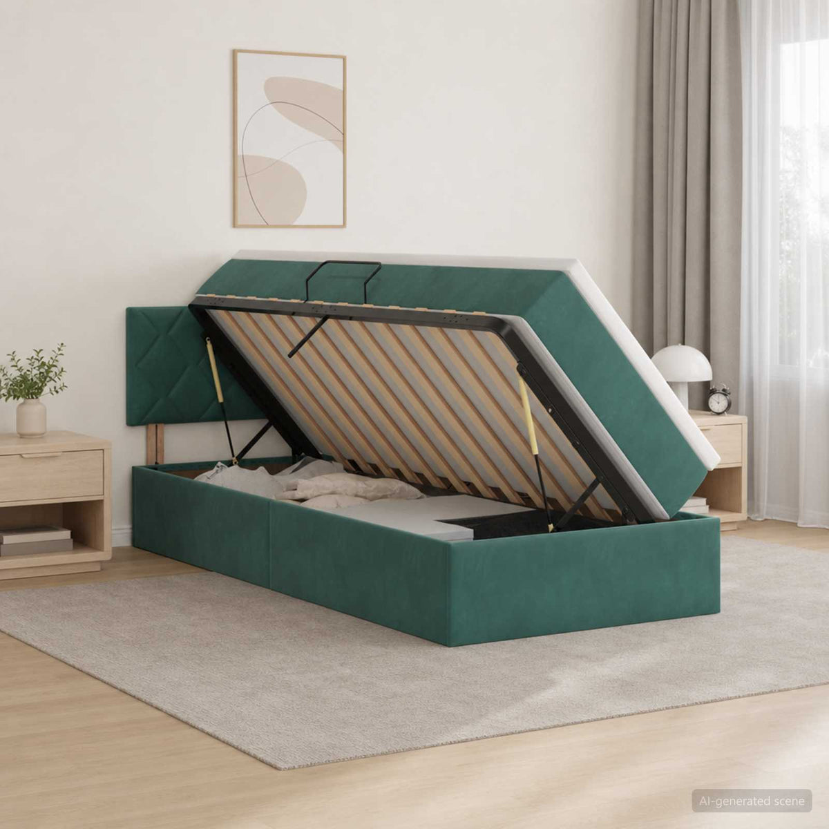 Opslag bed met hoofdeinde Donkergroen 100 x 200 cm Fluweel is nu te koop bij PeponiXL, paradijselijk wonen!