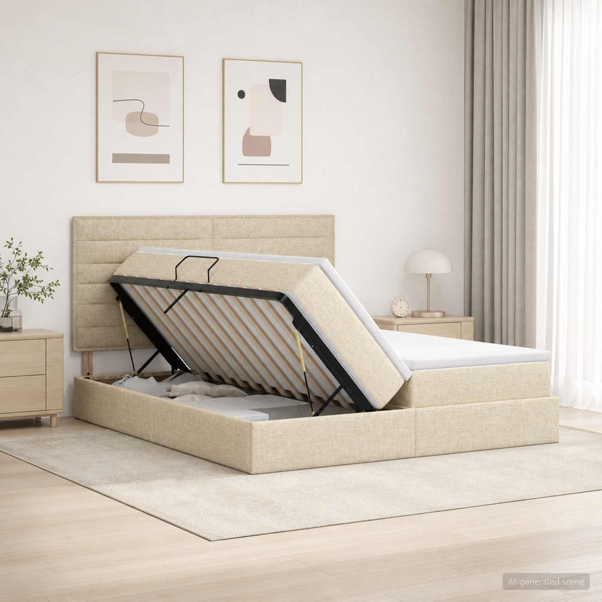 Opslag bed met hoofdeinde Crèmekleurig 180 x 200 cm Stof is nu te koop bij PeponiXL, paradijselijk wonen!
