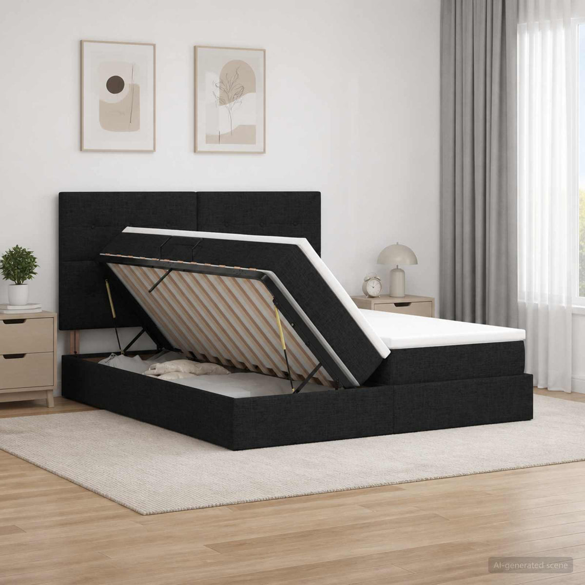 Opslag bed met hoofdeinde met opslag Zwart 200 x 200 cm Stof is nu te koop bij PeponiXL, paradijselijk wonen!