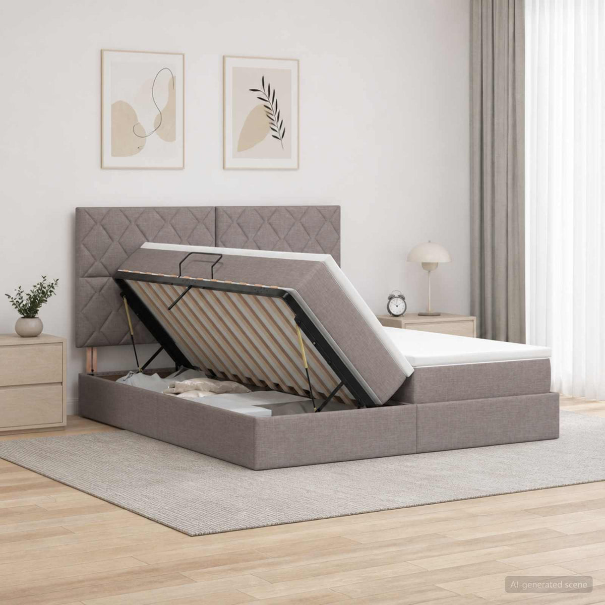 vidaXL Opslag bed met hoofdeinde met opslag Taupe 200 x 200 cm Stof