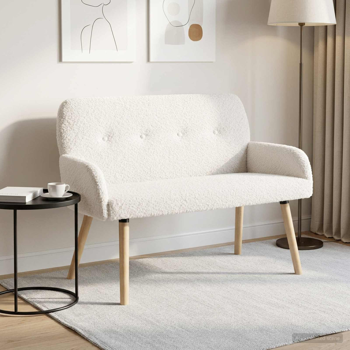 vidaXL 2-zitsbank met massief houten poten Crèmekleurig Bouclé