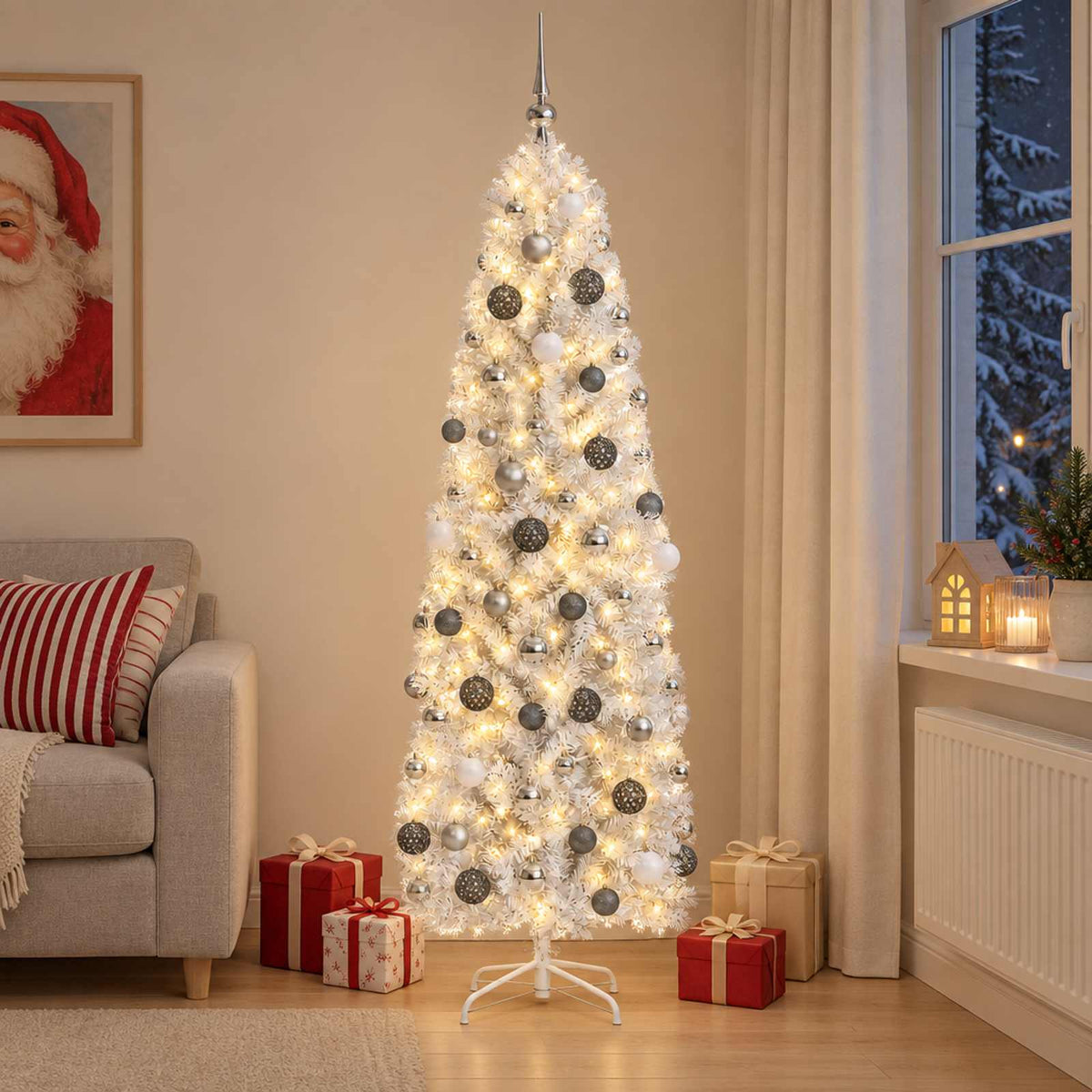 vidaXL Smalle kunstkerstboom met kerstballen 210 cm 300 LED's Warmwit
