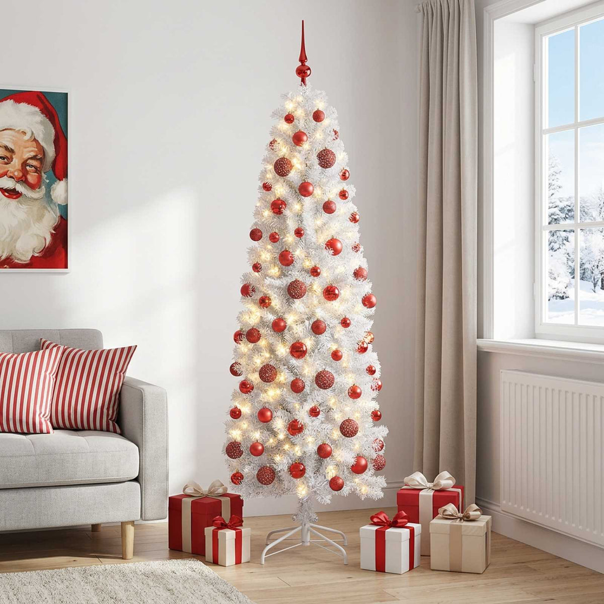 Smalle kunstkerstboom met kerstballen 240 cm 300 LED's Warmwit is nu te koop bij PeponiXL, paradijselijk wonen!