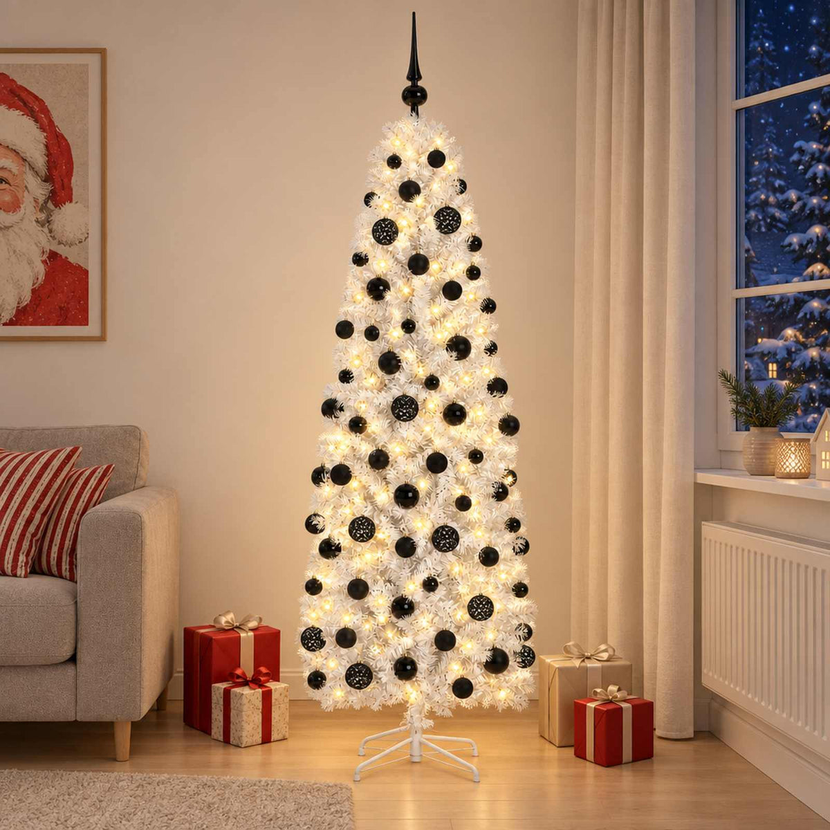 vidaXL Smalle kunstkerstboom met kerstballen 180 cm 300 LED's Warmwit
