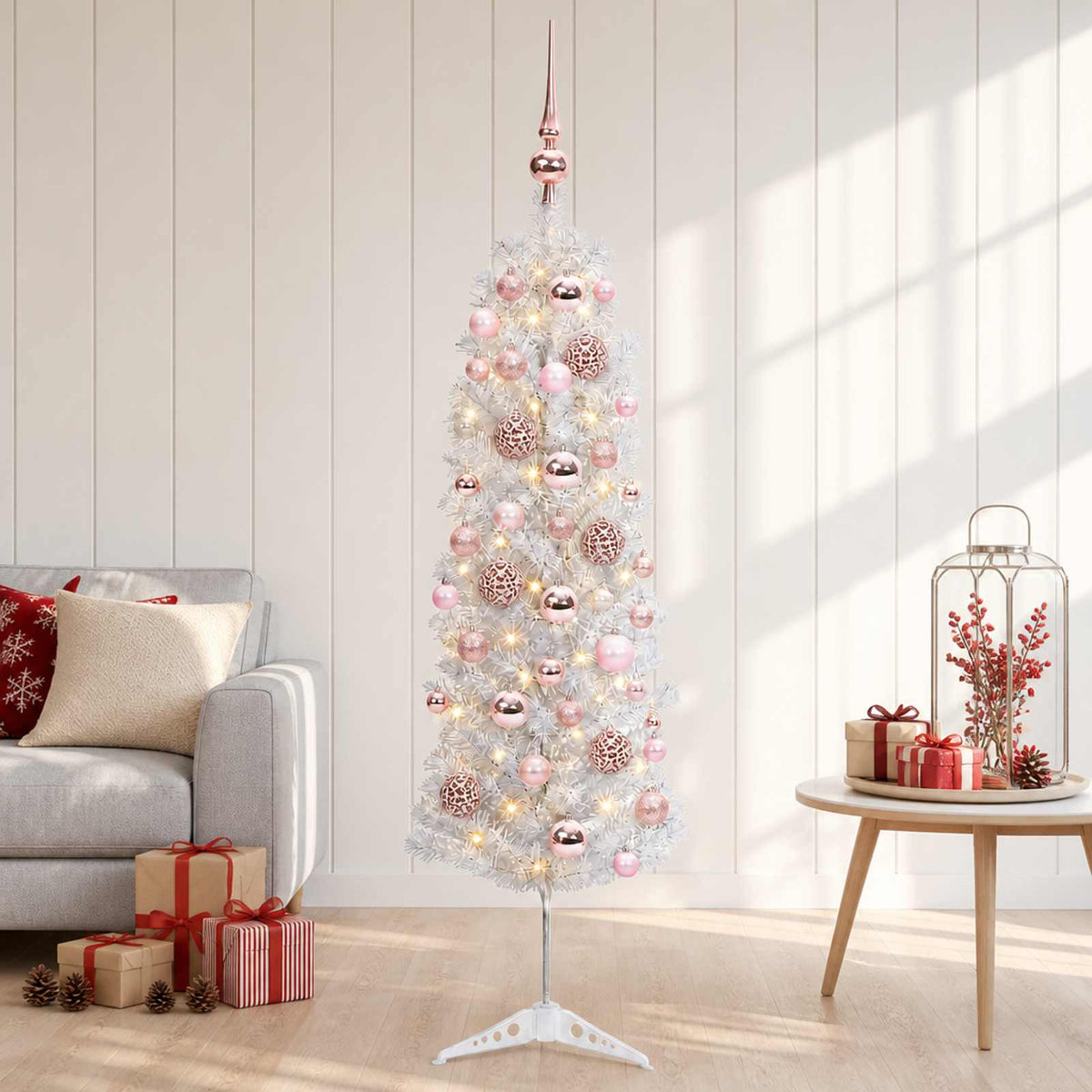 vidaXL Smalle kunstkerstboom met kerstballen 120 cm 150 LED's Warmwit
