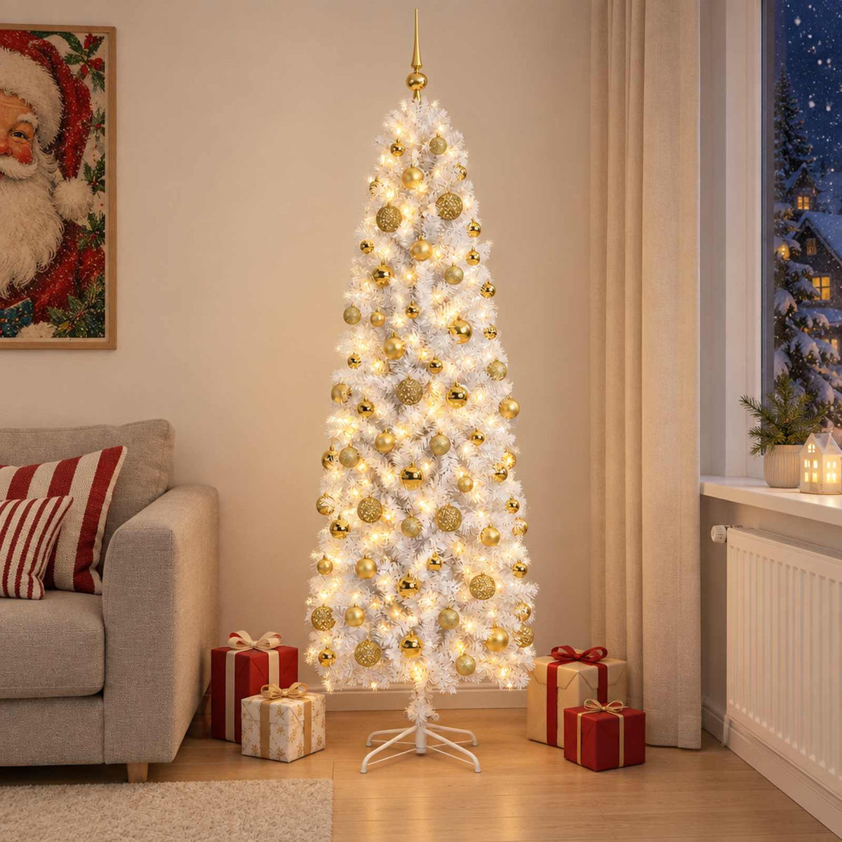 vidaXL Smalle kunstkerstboom met kerstballen 180 cm 300 LED's Warmwit