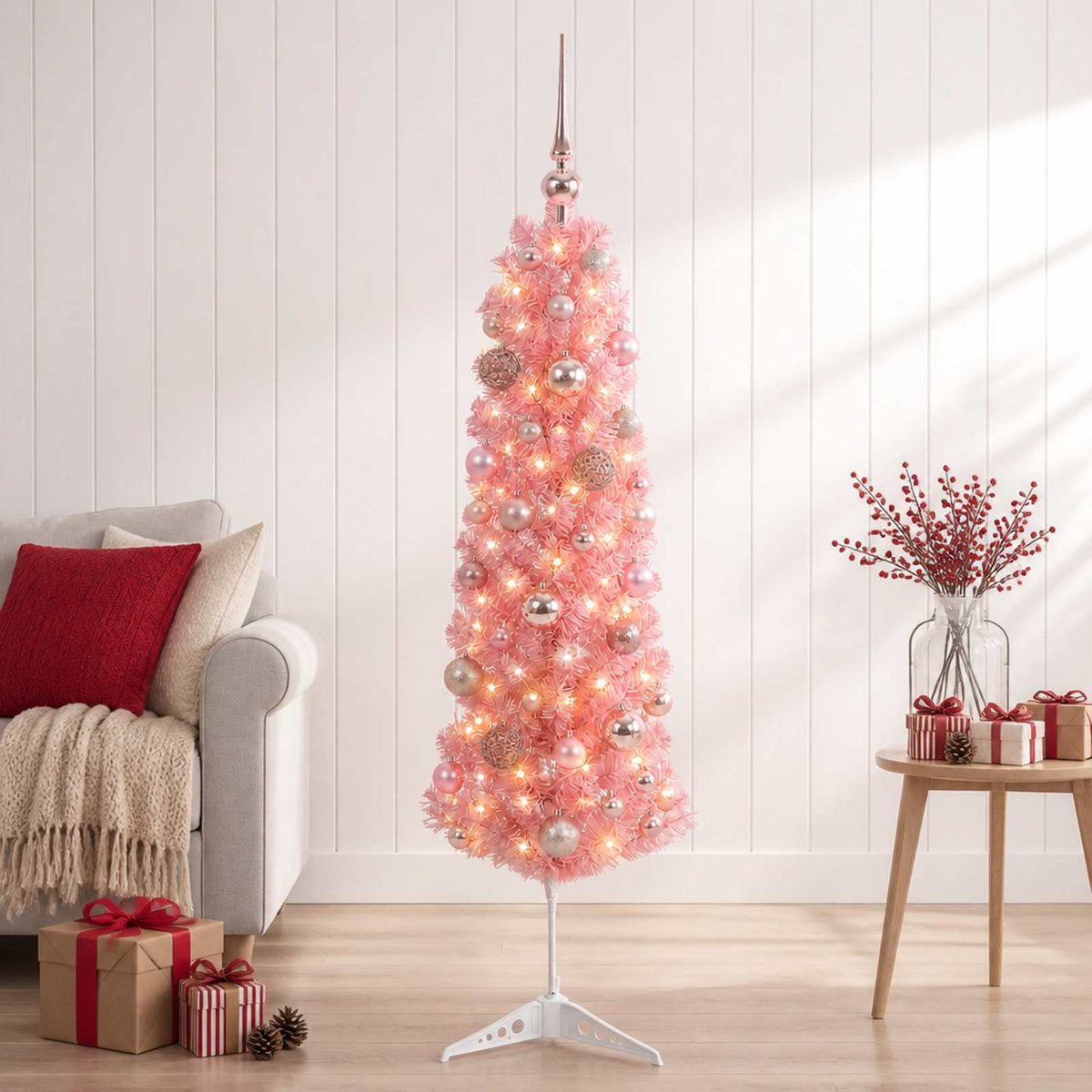 Slanke kunstkerstboom met kerstballen 120 cm 150 LED's Warmwit is nu te koop bij PeponiXL, paradijselijk wonen!