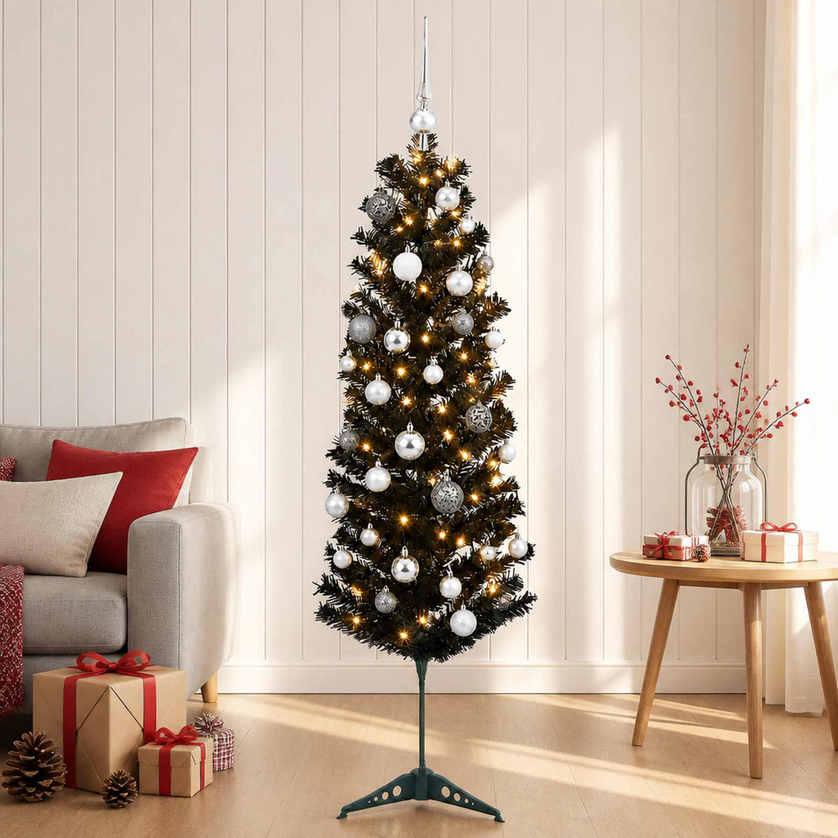 vidaXL Smalle kunstkerstboom met kerstballen 150 cm 150 LED's Warmwit