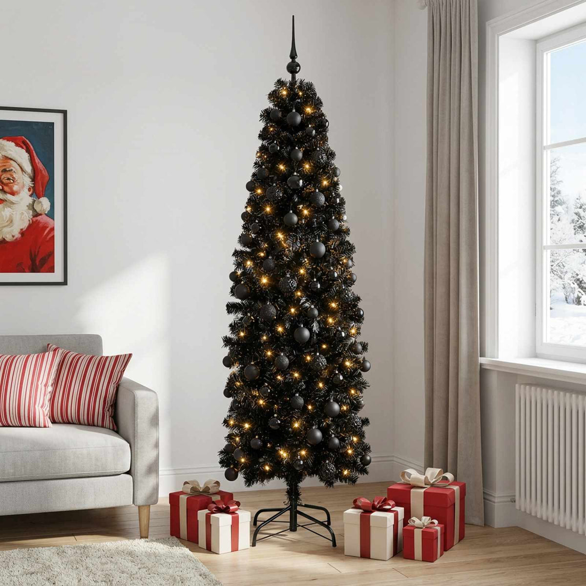 vidaXL Smalle kunstkerstboom met kerstballen 240 cm 300 LED's Warmwit