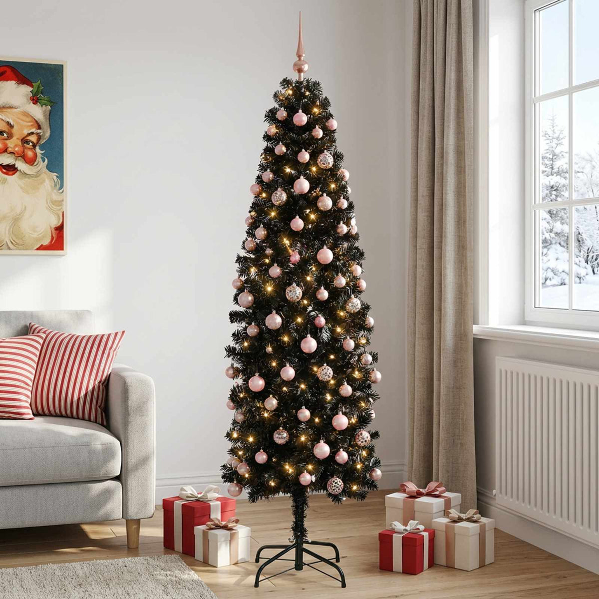 Smalle kunstkerstboom met kerstballen 180 cm 300 LED's Warmwit is nu te koop bij PeponiXL, paradijselijk wonen!