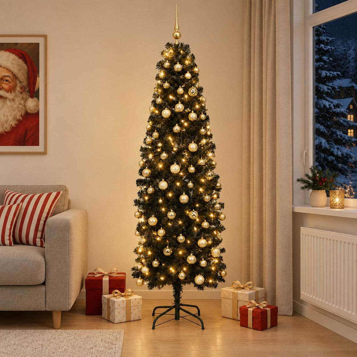 vidaXL Smalle kunstkerstboom met kerstballen 240 cm 300 LED's Warmwit