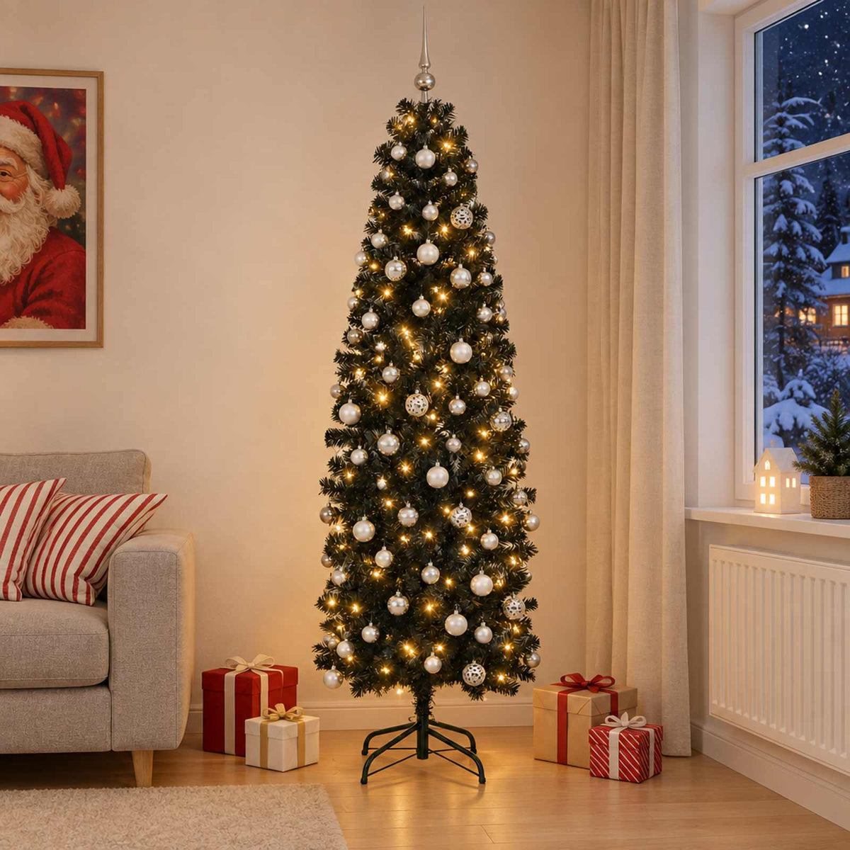 Smalle kunstkerstboom met kerstballen 240 cm 300 LED's Warmwit is nu te koop bij PeponiXL, paradijselijk wonen!