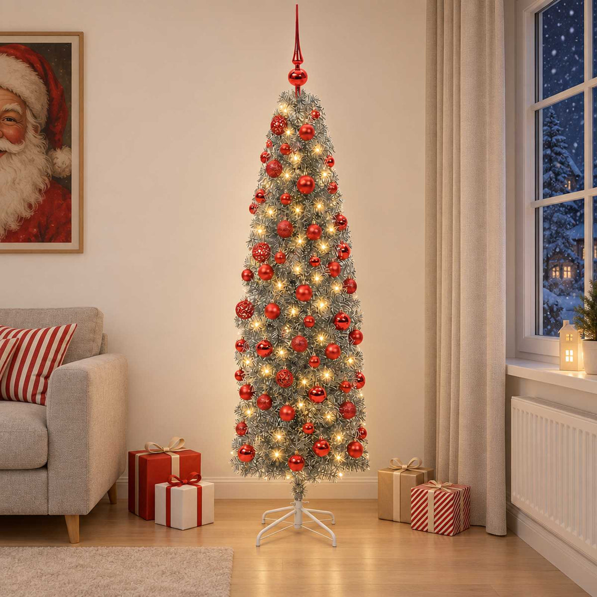 Smalle kunstkerstboom met kerstballen 180 cm 300 LED's Warmwit is nu te koop bij PeponiXL, paradijselijk wonen!