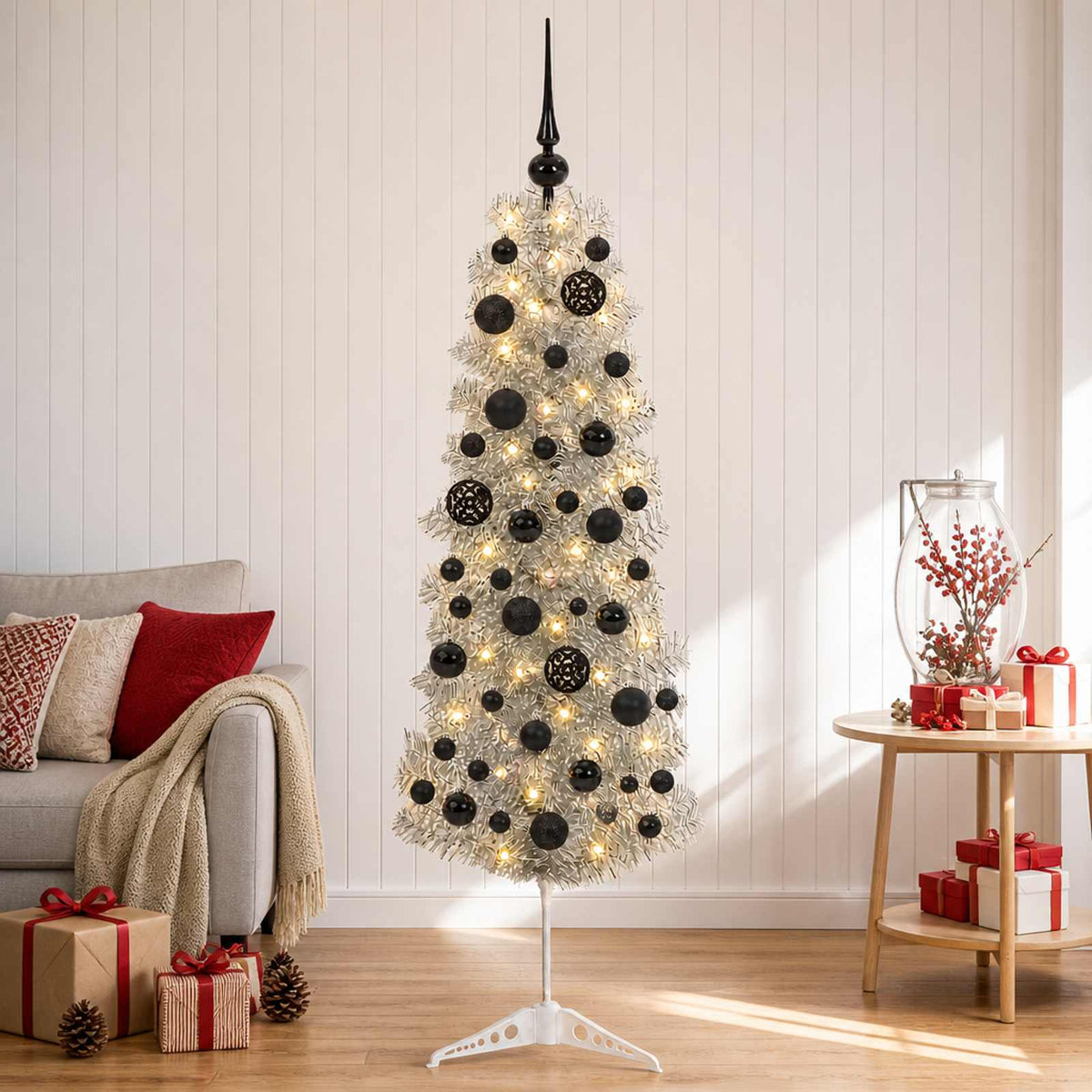 Smalle kunstkerstboom met kerstballen 150 cm 150 LED's Warmwit is nu te koop bij PeponiXL, paradijselijk wonen!