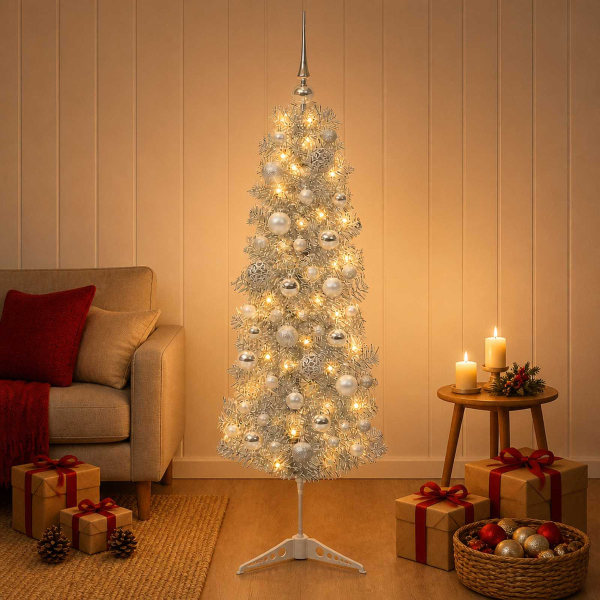 Smalle kunstkerstboom met kerstballen 150 cm 150 LED's Warmwit is nu te koop bij PeponiXL, paradijselijk wonen!