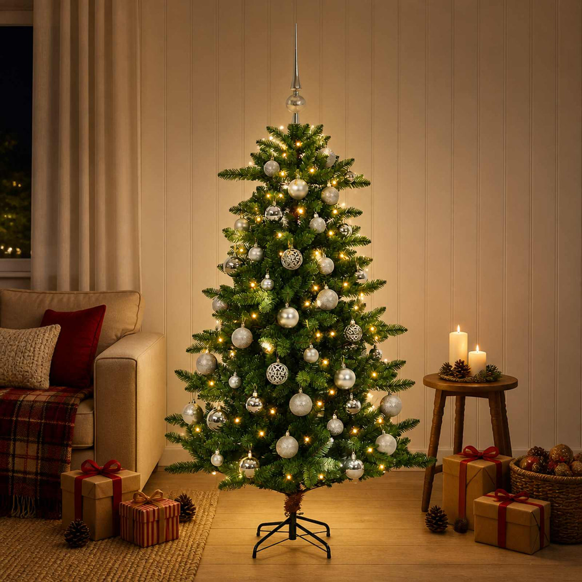 Artificial Christmas Tree with Bauble 150 cm 150 LED's Warmwit is nu te koop bij PeponiXL, paradijselijk wonen!