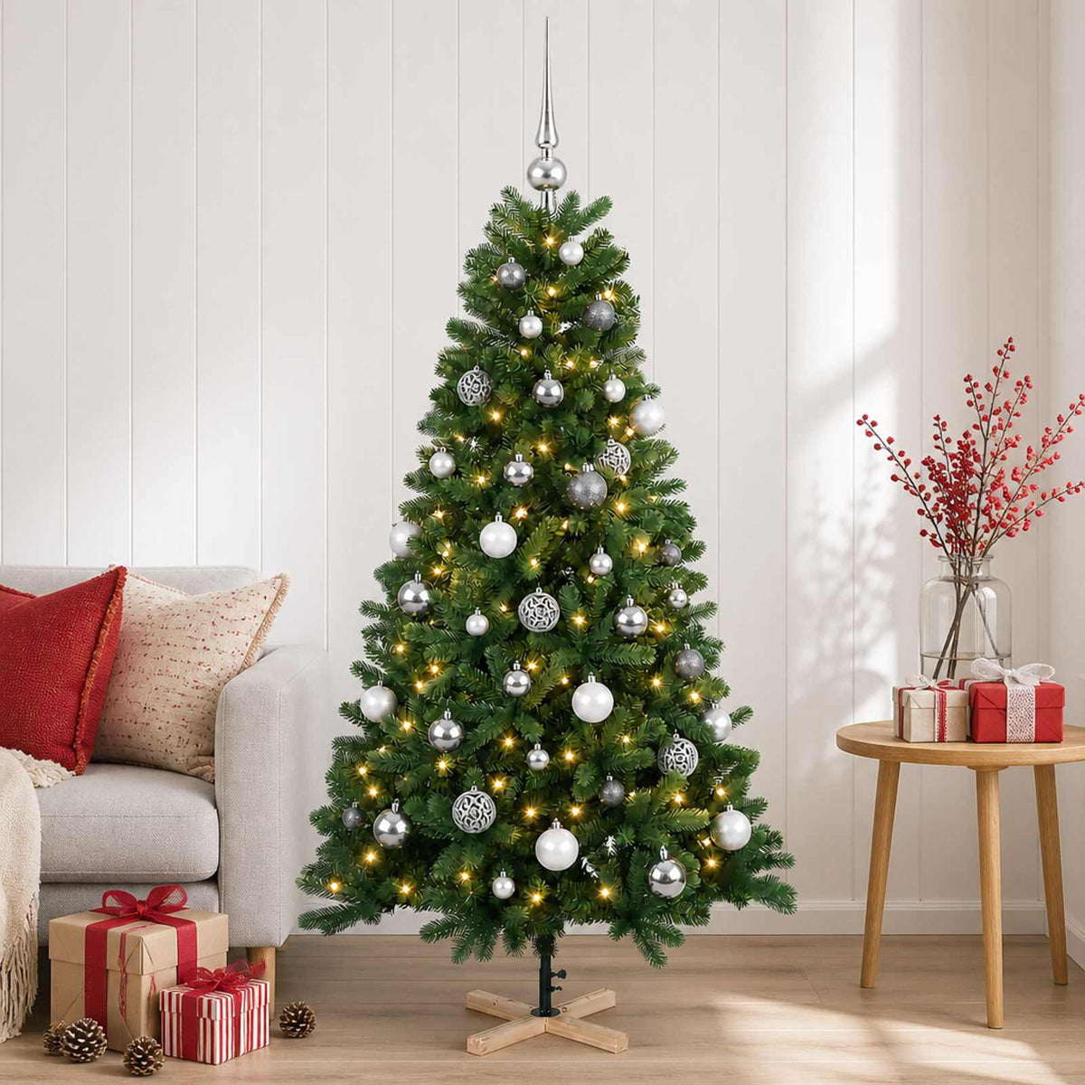 Kunstkerstboom met kerstbal 150 cm 150 LED's Warmwit PVC Groen is nu te koop bij PeponiXL, paradijselijk wonen!
