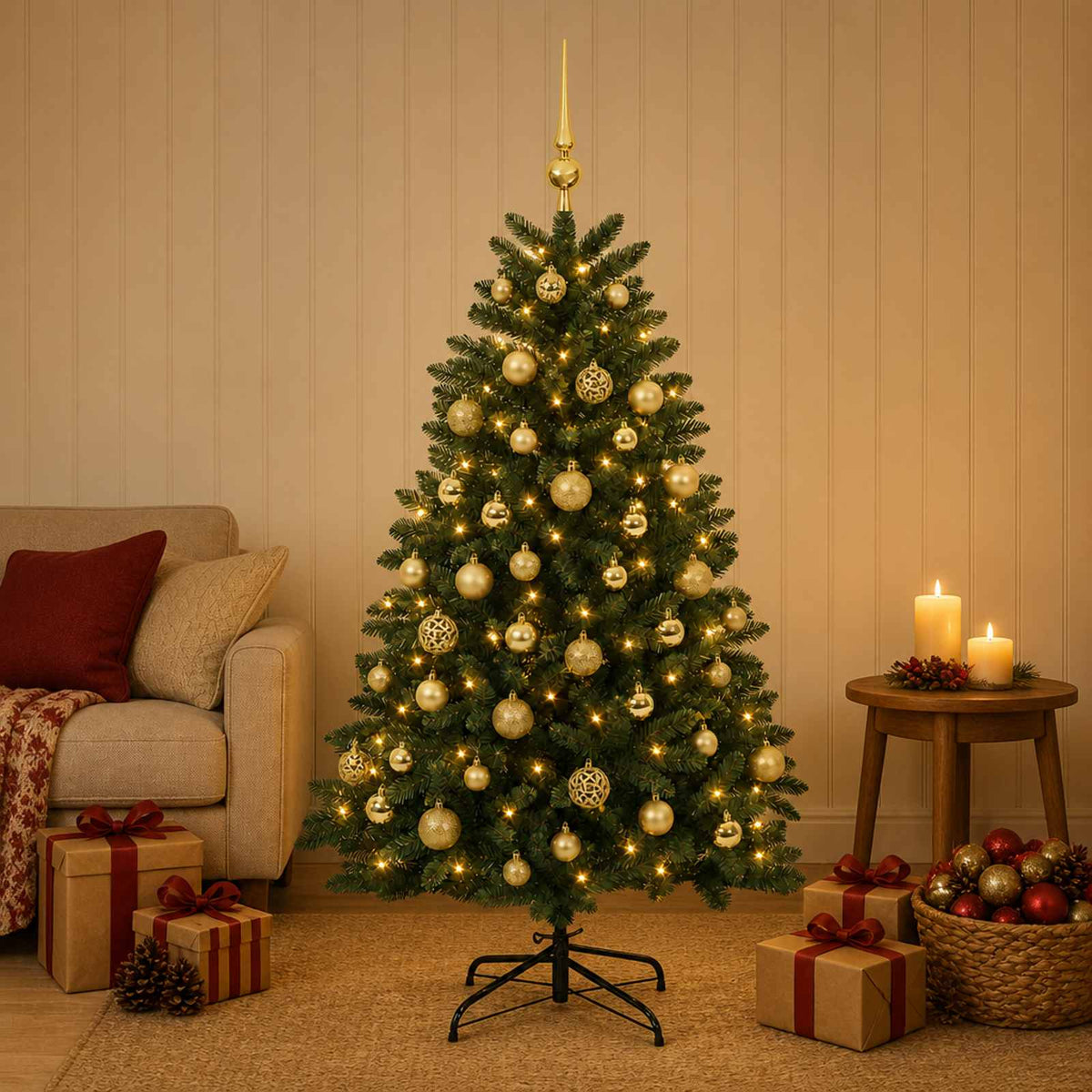 Kunstkerstboom middengroen met kerstbal 150 cm 150 LED's is nu te koop bij PeponiXL, paradijselijk wonen!