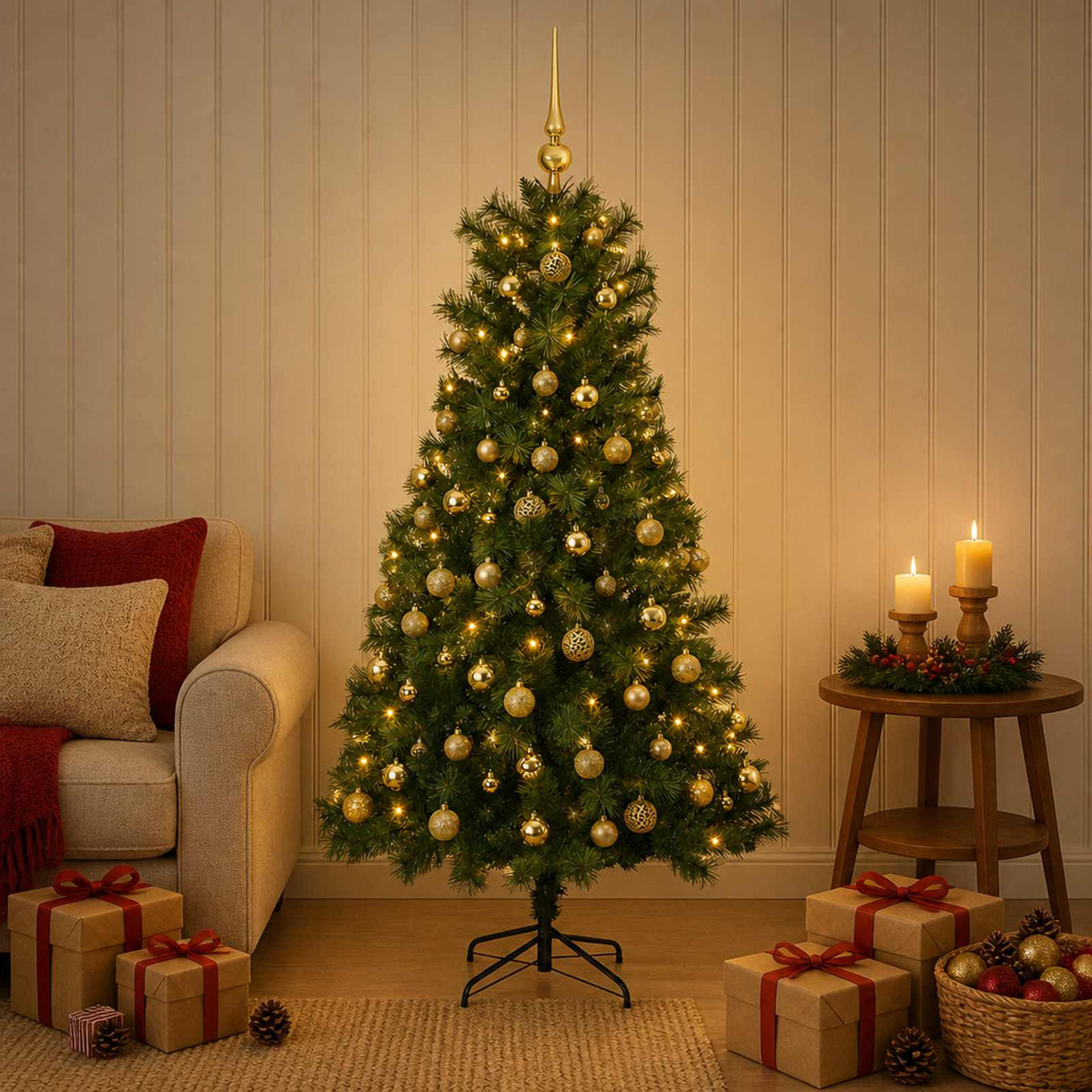 vidaXL Kunstkerstboom met scharnierende takken en kerstballen 120 cm