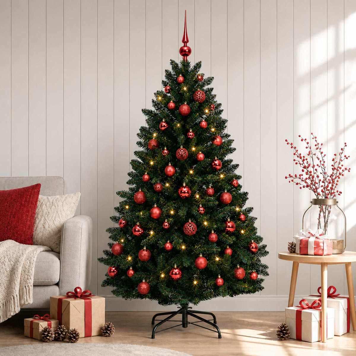 vidaXL Kunstkerstboom donkergroen met kerstballen 120 cm 150 LED's