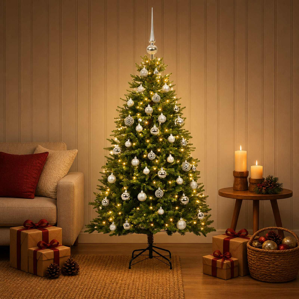 Kunstkerstboom met Ballen 150 cm 150 LED's Warmwit is nu te koop bij PeponiXL, paradijselijk wonen!
