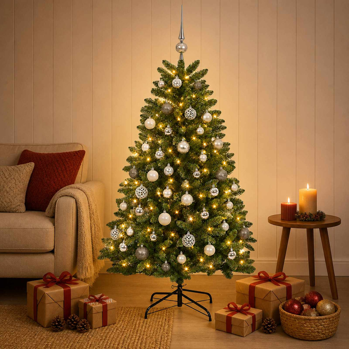 Kunstkerstboom middengroen met kerstbal 150 cm 150 LED's is nu te koop bij PeponiXL, paradijselijk wonen!