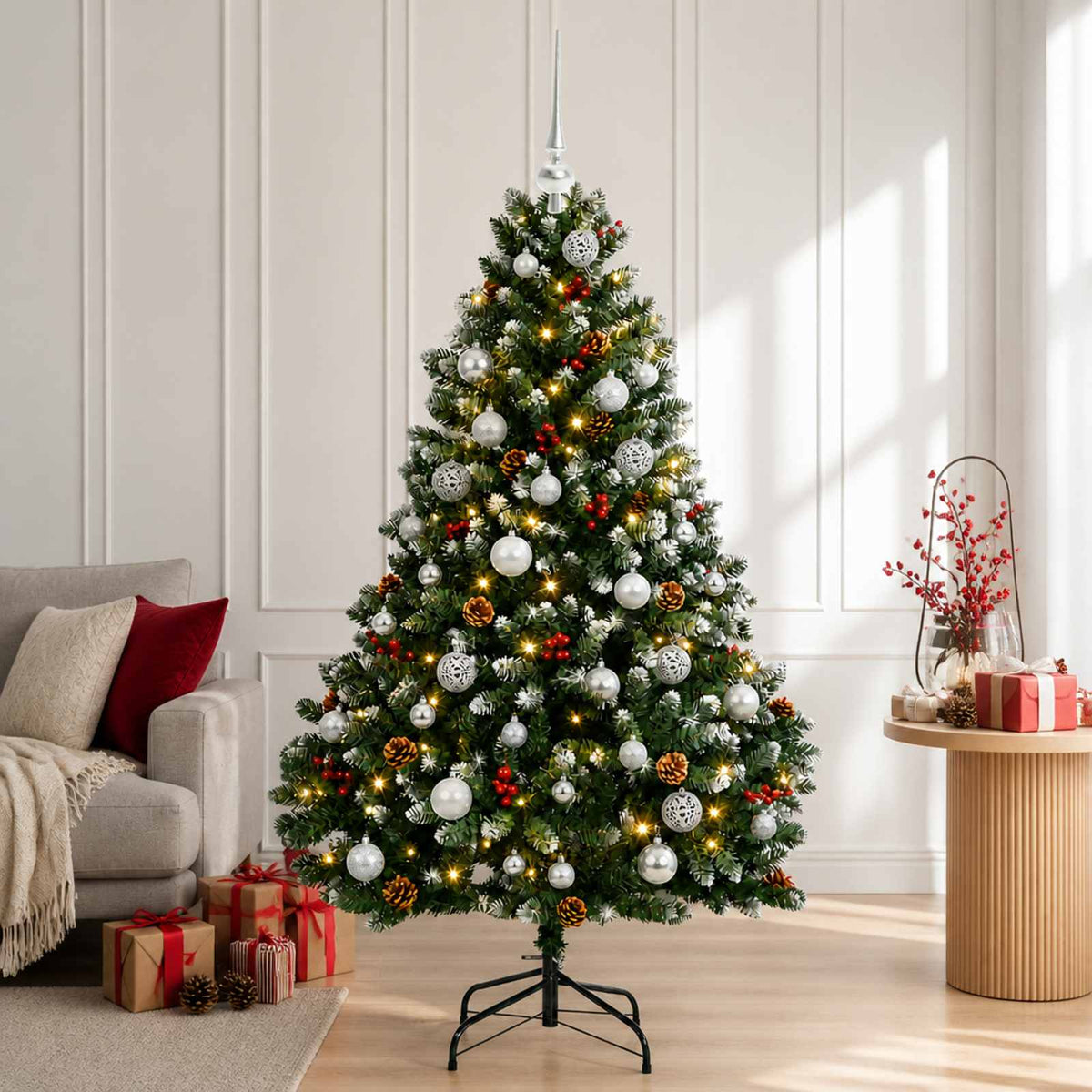 Kunstkerstboom groen met kerstballen 180 cm 300 LED's Warmwit is nu te koop bij PeponiXL, paradijselijk wonen!