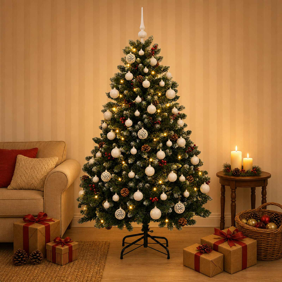 Kunstkerstboom groen met kerstballen 150 cm 150 LED's Warmwit is nu te koop bij PeponiXL, paradijselijk wonen!