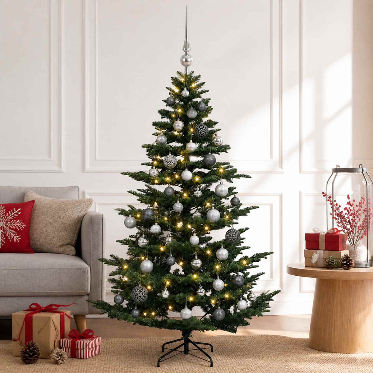 vidaXL Kunstkerstboom met kerstbal 120 cm 150 LED's Warmwit PE & PVC