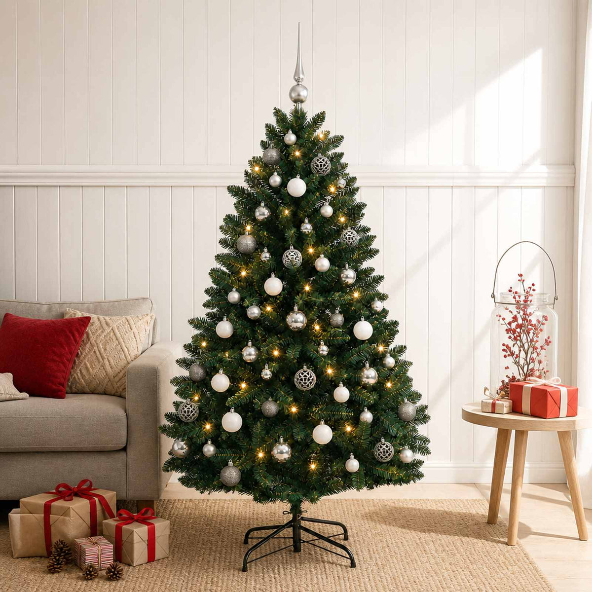 Kunstkerstboom donkergroen met kerstballen 180 cm 300 LED's is nu te koop bij PeponiXL, paradijselijk wonen!